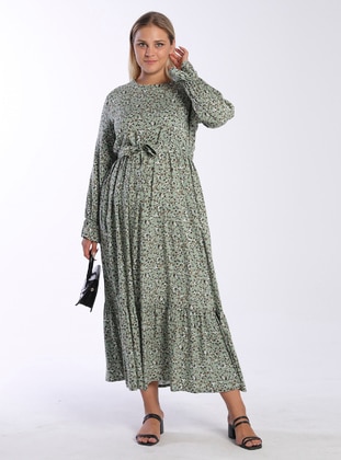 Plus Size Patterned Modest Dress Green