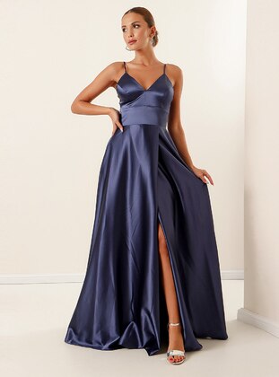 Fully Lined - Blue - V neck Collar - Evening Dresses - By Saygı