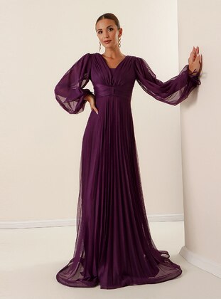 Front Back V Neck Balloon Sleeve Pleated Long Tulle Hijab Evening Dresses Plum Color