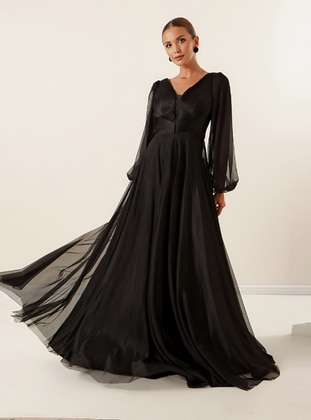 Black - Fully Lined - V neck Collar - Modest Evening Dress - By Saygı