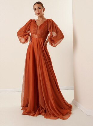 Cinnamon - Fully Lined - V neck Collar - Modest Evening Dress - By Saygı