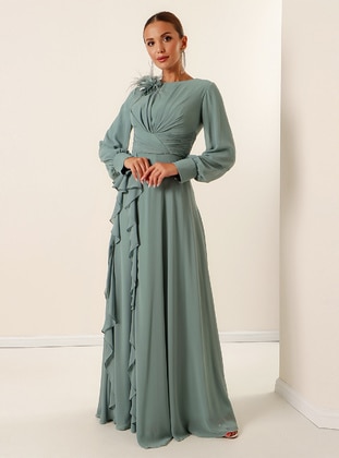 Long Chiffon Hijab Evening Dresses Mint Pleated Front Floral Detailed Pleated Side Volan Lined Long Chiffon Evening Dress Mint