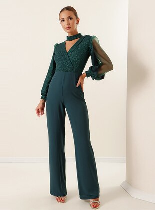 Unlined - Double-Breasted - V neck Collar - Emerald - Evening Jumpsuits - By Saygı