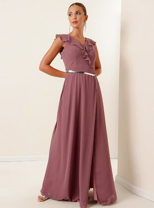 Fully Lined - V neck Collar - Lilac - V neck Collar - Evening Dresses - By Saygı