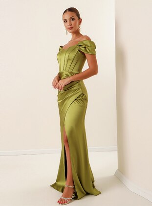 Fully Lined - Olive Green - Evening Dresses - By Saygı