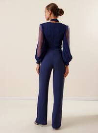 Unlined - Double-Breasted - V neck Collar - Blue - Evening Jumpsuits