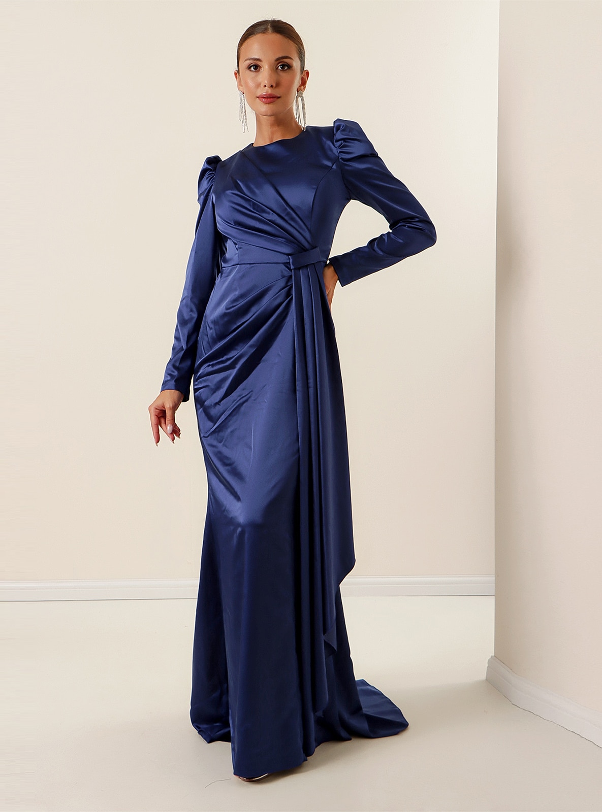 Blue - Fully Lined - Crew neck - Modest Evening Dress