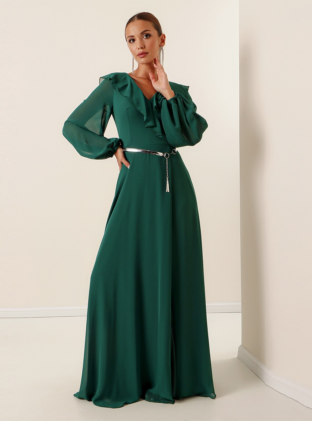 Fully Lined - Emerald - V neck Collar - Evening Dresses