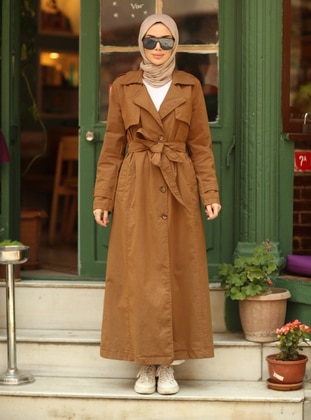 Brown - Double-Breasted - Shawl Collar - V neck Collar - Trench Coat - Neways