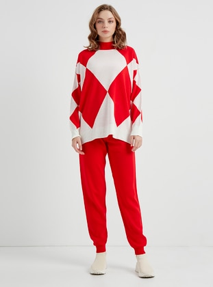 Red - Multi - Unlined - Mock-Turtleneck - Knit Suits - Womayy