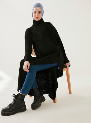 Black - Polo neck - Unlined - Knit Tunics - Womayy