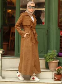 Brown - Double-Breasted - Shawl Collar - V neck Collar - Trench Coat