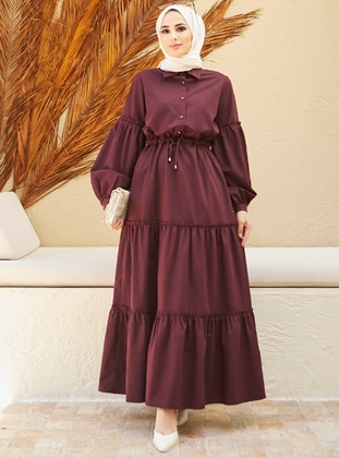 Front Button Detailed Modest Dress Burgundy