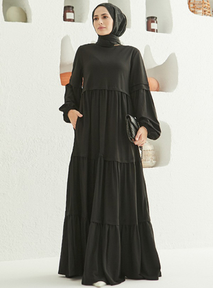 Balloon Sleeve Modest Dress Black
