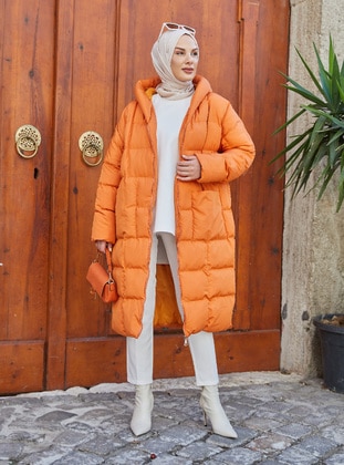 Orange - Fully Lined - Puffer Jackets - Burcu Tesettür