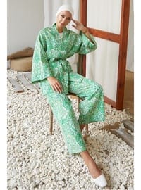 Spiral Pattern Kimono Pants Set Green