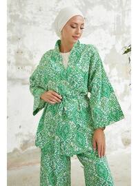Spiral Pattern Kimono Pants Set Green
