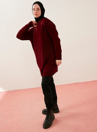 Solid Knit And Chickpea Patterned Knitwear Tunic Burgundy