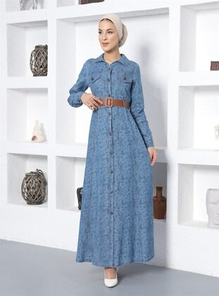 Belt Detailed Shawl Pattern Open Jeans Modest Dress