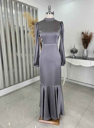 Gray - Unlined - Crew neck - Modest Evening Dress - Rana Zenn