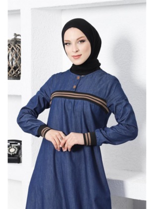 Rib Detailed Hijab Dark Denim Dress