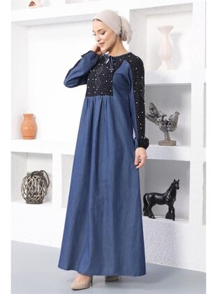 Stone Embroidered Hijab Dark Denim Dress