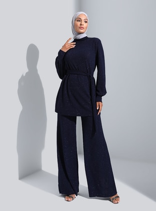 Silvery Tunic & Pants Two Piece Hijab Evening Dresses Navy Blue