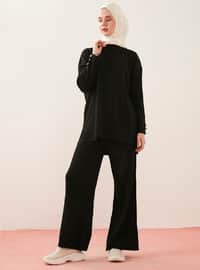 Ribbed Knitwear Trouser Suit With Button Detail On Sleeves Black