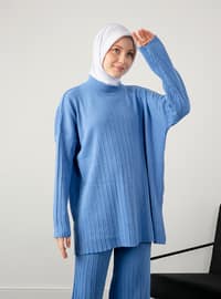 Knitwear Set Blue With Center Chest And Pant Cuffs