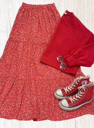 Red - Floral - Unlined - Suit - Ceylan Otantik