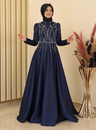 Zen Satin Hijab Evening Dress Navy Blue