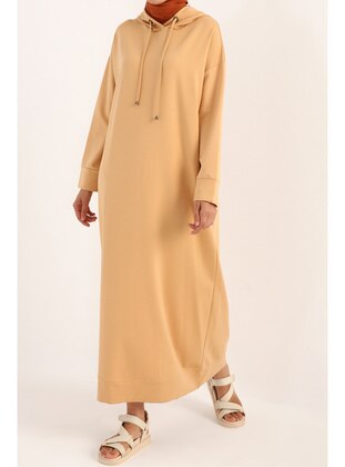 Light Beige Basic Hooded Knitted Cotton Dress