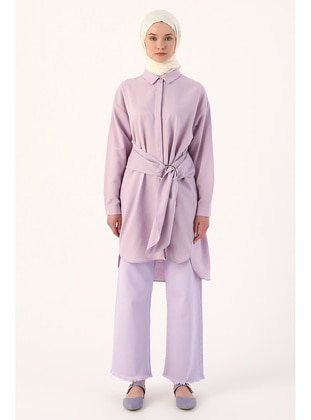 Lilac Belt Detailed Relaxed Fit Shirt Tunic