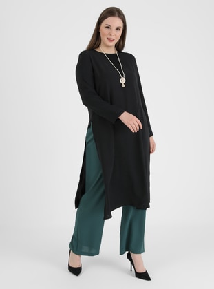 Plus Size Necklace Detailed Tunic & Pants Co-Ord Black Dark Emerald