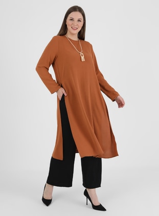Plus Size Necklace Detailed Tunic & Pants Co-Ord Camel Black