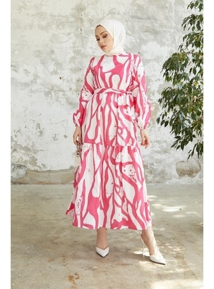 Patterned Modest Dress Fuchsia