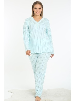 Plus Size Patterned Lycra Natural Fabric Long Sleeve Pajama Set Mint Green