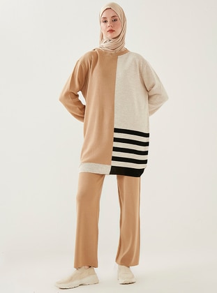 3 Color Pants Knitwear Co-Ord Set Camel