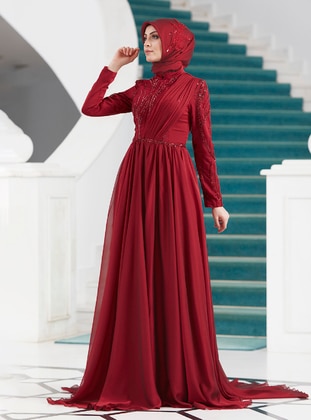 Maroon - Fully Lined - Crew neck - Modest Evening Dress - Lavienza