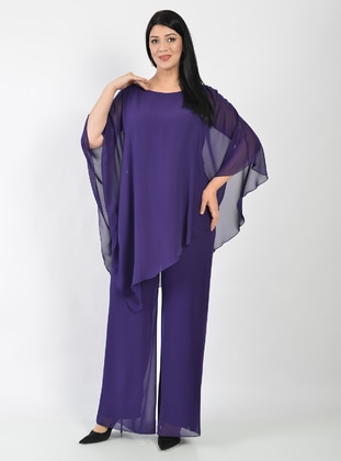 Fully Lined - Purple - Crew neck - Plus Size Evening Jumpsuits - LILASXXL