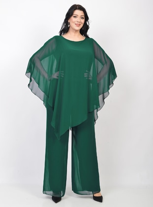 Fully Lined - Green - Crew neck - Plus Size Evening Jumpsuits - LILASXXL