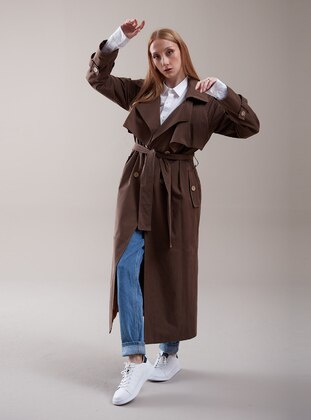 Brown - Fully Lined - Shawl Collar - Trench Coat - SAHRA AFRA
