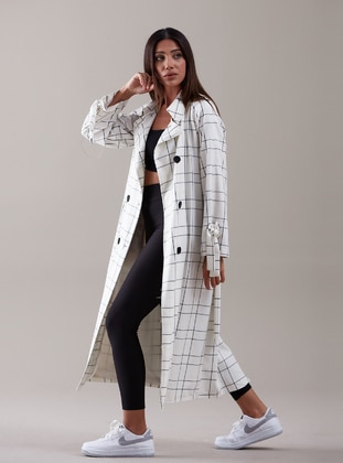 Ecru - Checkered - Fully Lined - Shawl Collar - Trench Coat - SAHRA AFRA