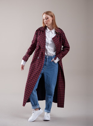  - Plaid - Fully Lined - Shawl Collar - Trench Coat  - Sahra Afra