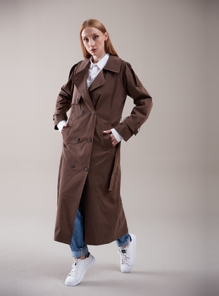 Brown - Fully Lined - Shawl Collar - Trench Coat  - Sahra Afra