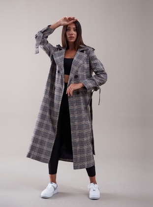 Plaid - Fully Lined - Shawl Collar - Trench Coat  - Sahra Afra
