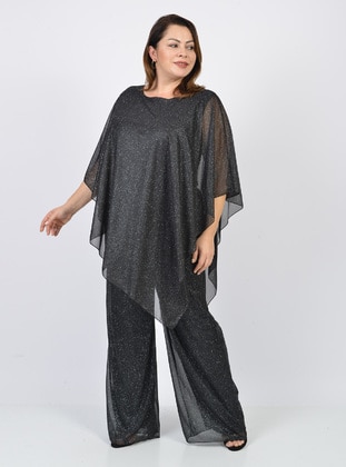 Black - Fully Lined - Crew neck - Plus Size Jumpsuits - LILASXXL