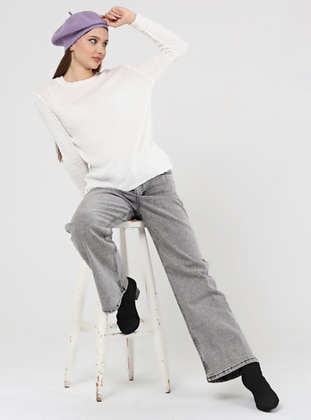 White - Unlined - Crew neck - Knit Sweaters - Nare