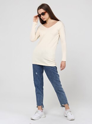 Ecru - Unlined - V neck Collar - Knit Sweaters - Nare