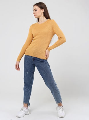 Mustard - Unlined - Crew neck - Knit Sweaters - Nare